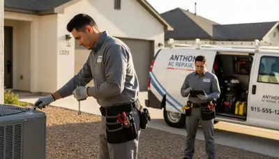 Professional AC repair technician servicing air conditioner unit in El Paso TX for acrepairelpasotx.com