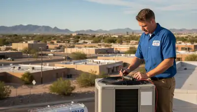 Professional AC repair technician servicing residential air conditioner in El Paso, TX