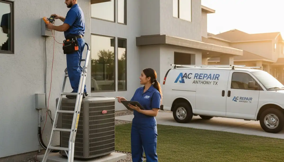 Professional AC repair technician servicing residential air conditioner in El Paso, TX
