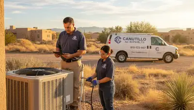 Professional AC repair technician servicing air conditioner in El Paso TX home