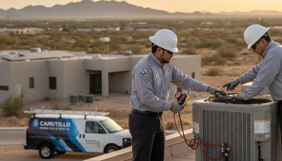 Professional AC repair technician servicing air conditioner unit in El Paso TX