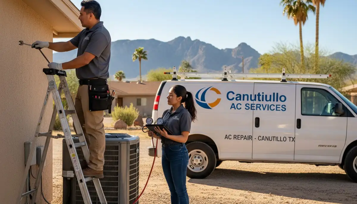 Professional AC repair technician servicing air conditioner in El Paso TX home