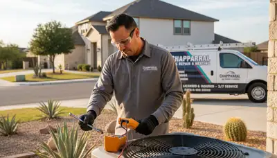 Professional AC repair technician servicing air conditioning unit in El Paso TX home