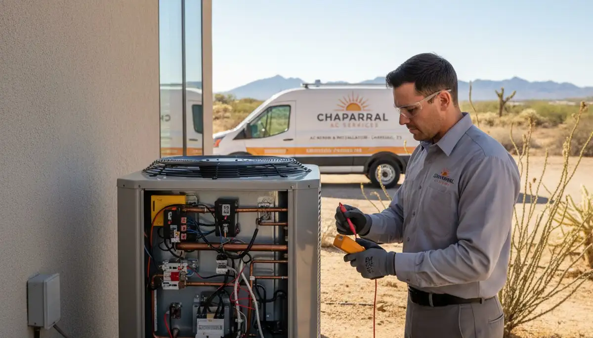 Professional AC repair technician servicing air conditioner unit in El Paso, TX