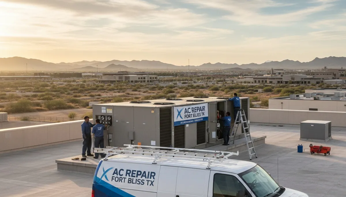 Professional AC repair technician servicing residential unit in El Paso TX