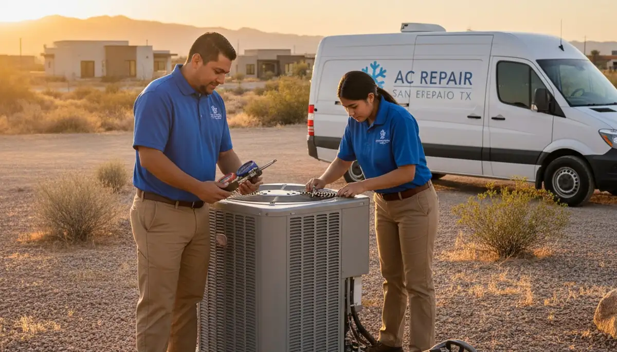 Professional AC repair technician servicing home unit in El Paso TX