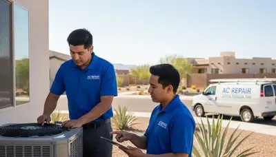 Professional AC repair technician servicing air conditioner unit in El Paso TX home