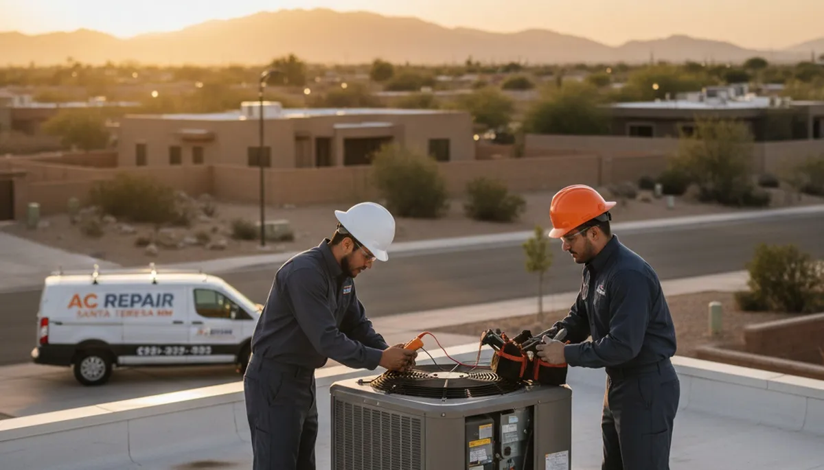 Professional AC repair technician servicing air conditioner in El Paso TX home