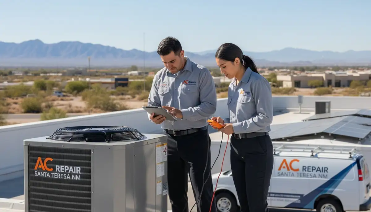 Professional AC repair technician servicing air conditioner in El Paso TX home