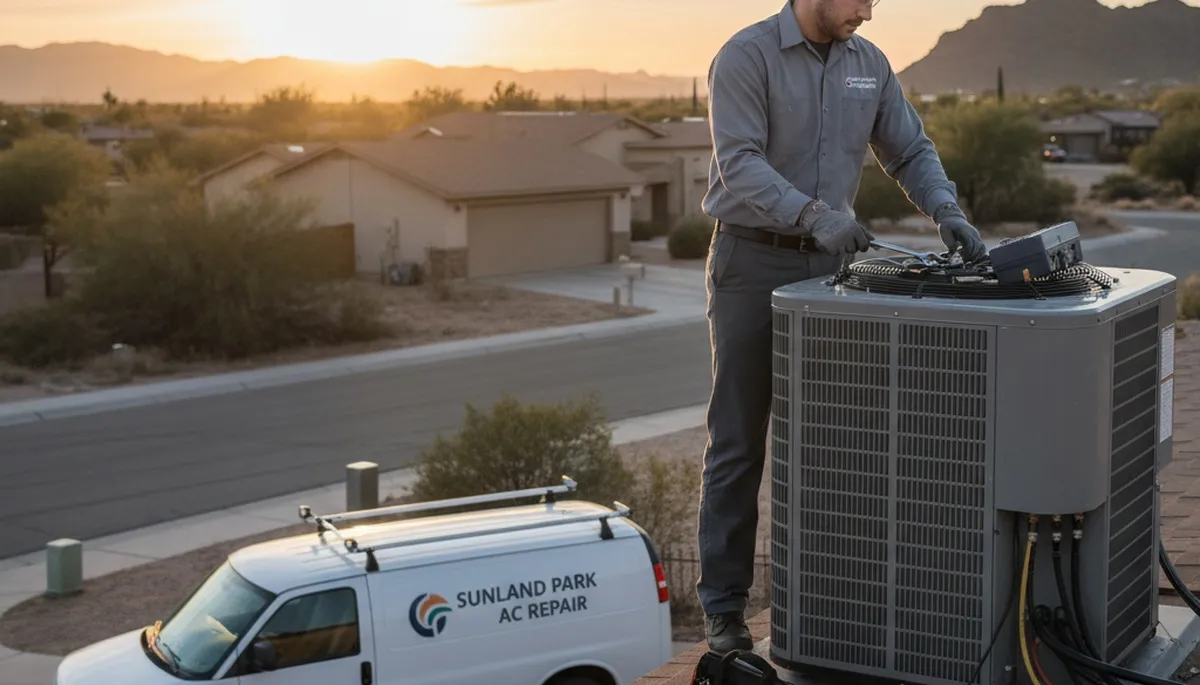 Professional AC repair technician servicing air conditioner unit in El Paso, TX