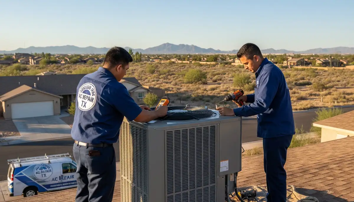 Professional AC repair technician servicing air conditioner unit in El Paso TX home