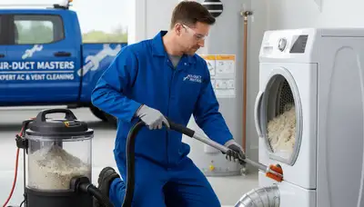 Technician performing dryer vent cleaning for home in El Paso, TX to improve airflow and safety