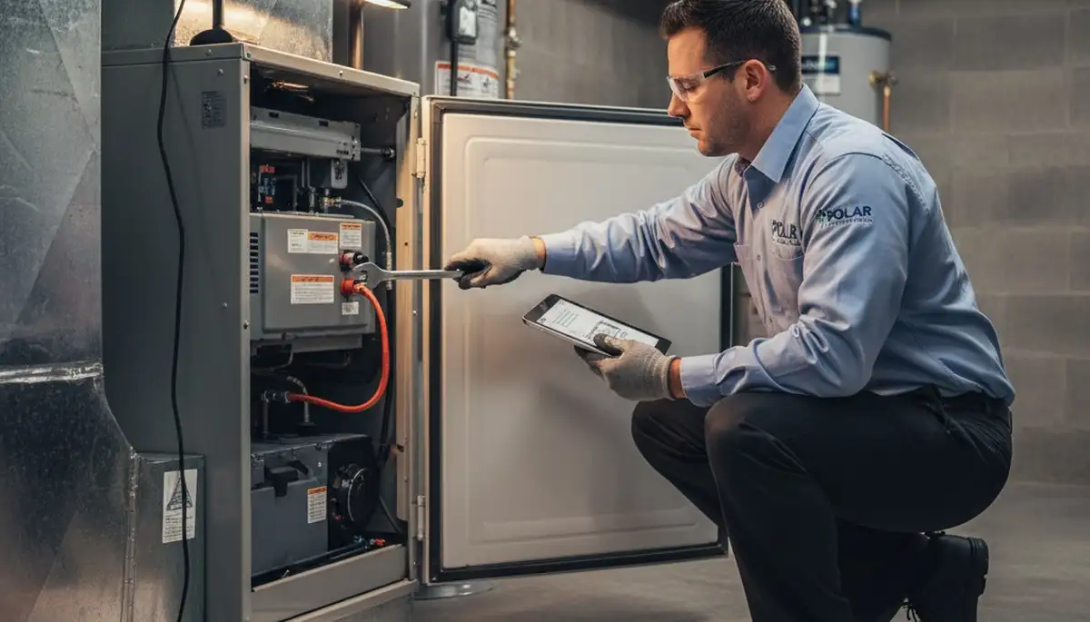 Technician repairing home furnace in El Paso TX for Five Star Cooling heating service