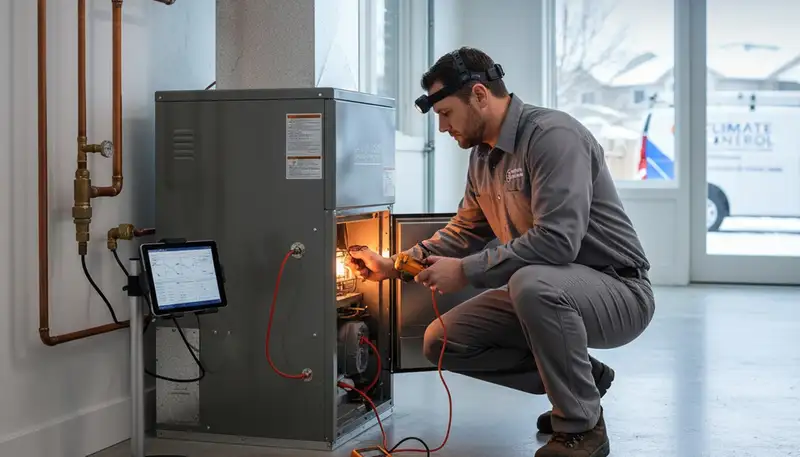 Technician performing heating repair on furnace system in El Paso, TX home