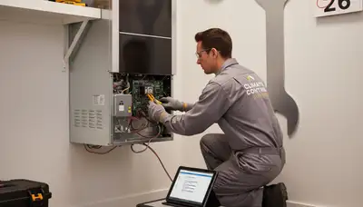 Technician repairing furnace during heating service in El Paso, TX home by Five Star Cooling