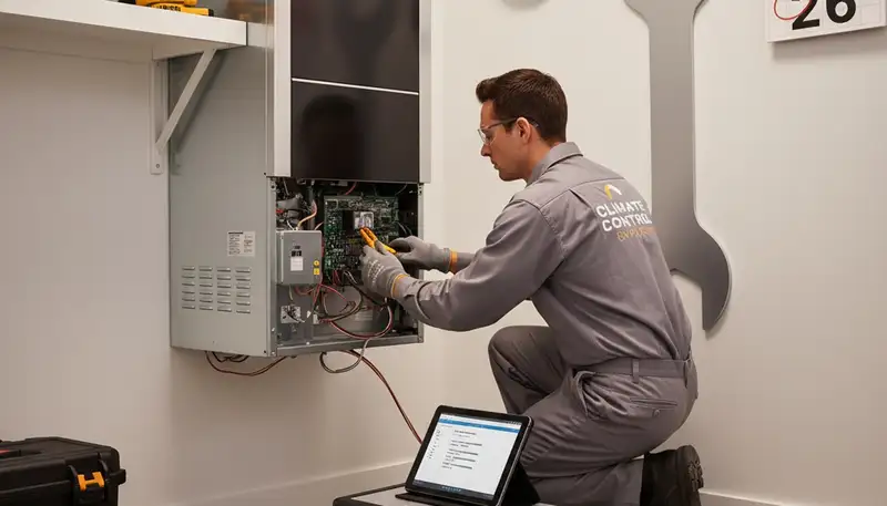 Technician repairing furnace during heating service in El Paso, TX home by Five Star Cooling